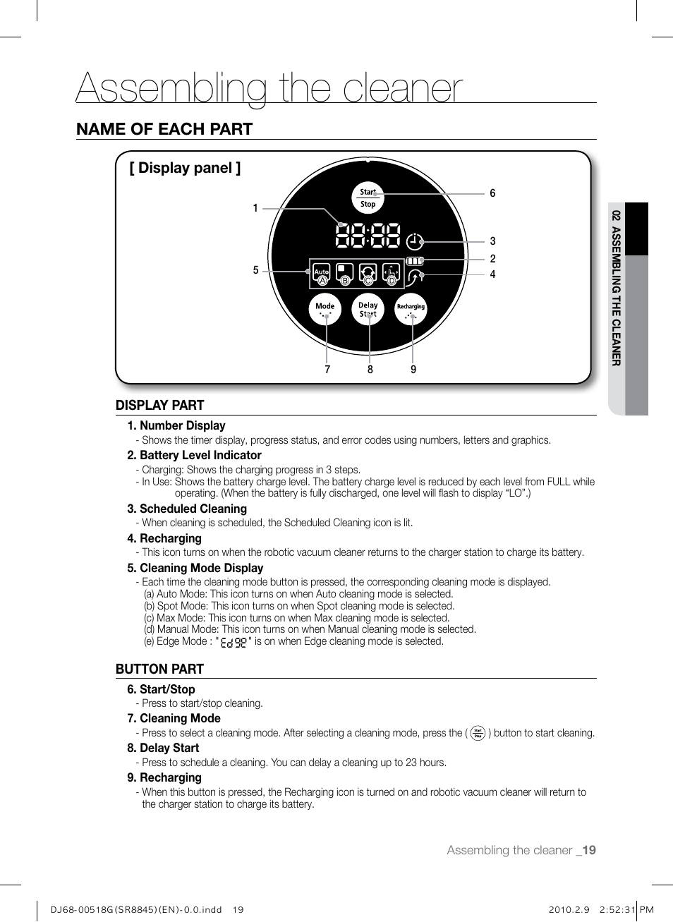 Assembling the cleaner, Name of each part, Lock 삭제제되면서 번호 수정 | Display panel | Samsung SR8845 User Manual | Page 19 / 48