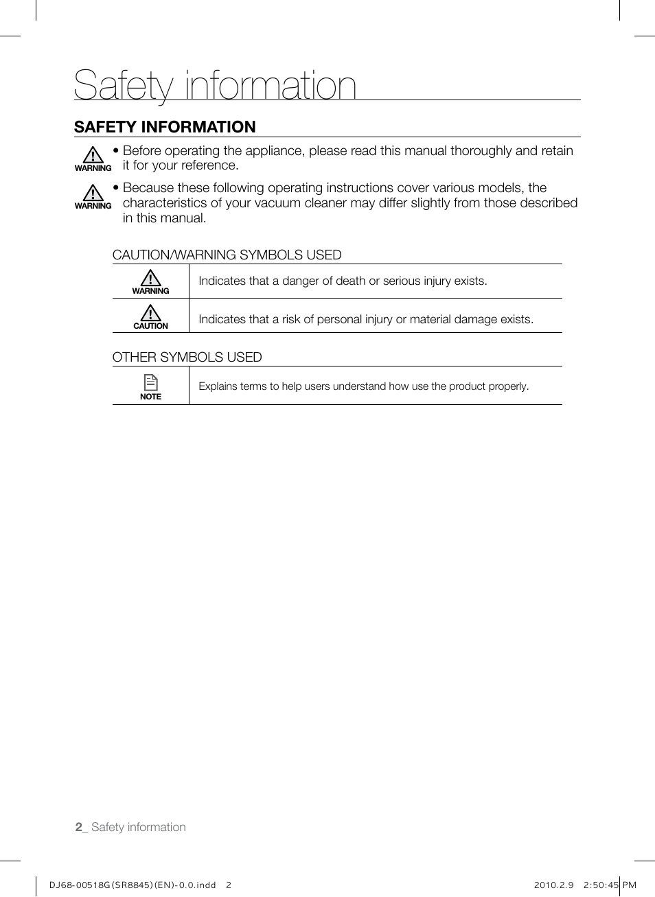 Safety information | Samsung SR8845 User Manual | Page 2 / 48