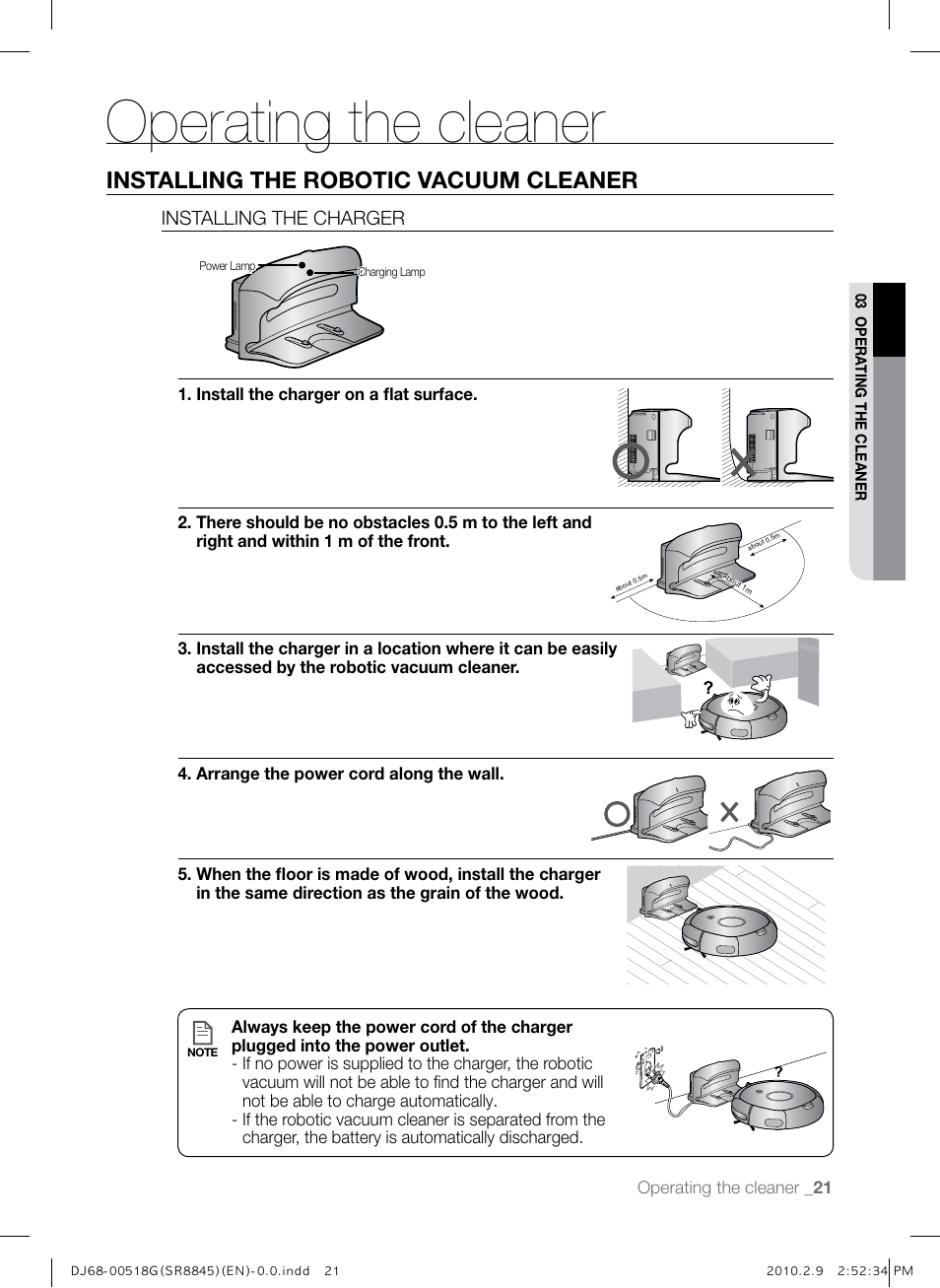 Operating the cleaner, Installing the robotic vacuum cleaner | Samsung SR8845 User Manual | Page 21 / 48