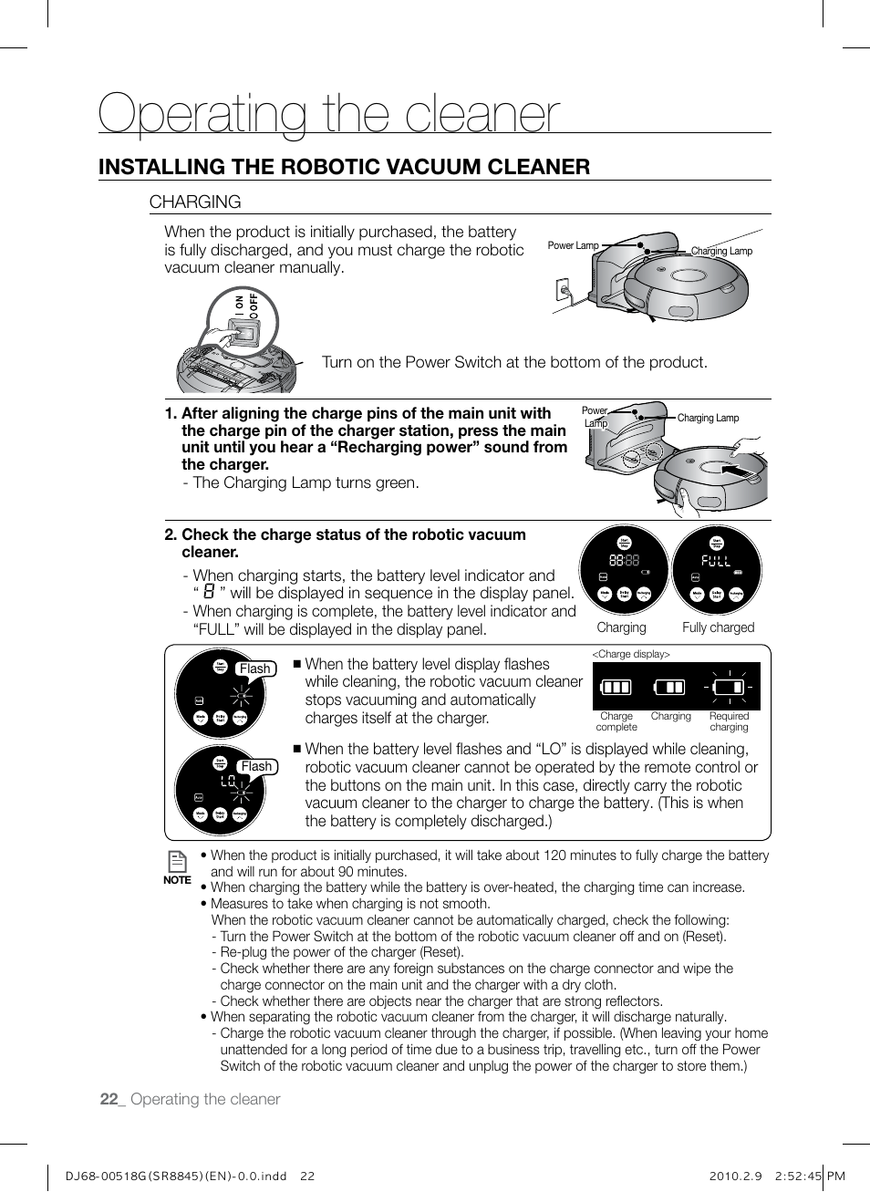 Operating the cleaner, Installing the robotic vacuum cleaner | Samsung SR8845 User Manual | Page 22 / 48