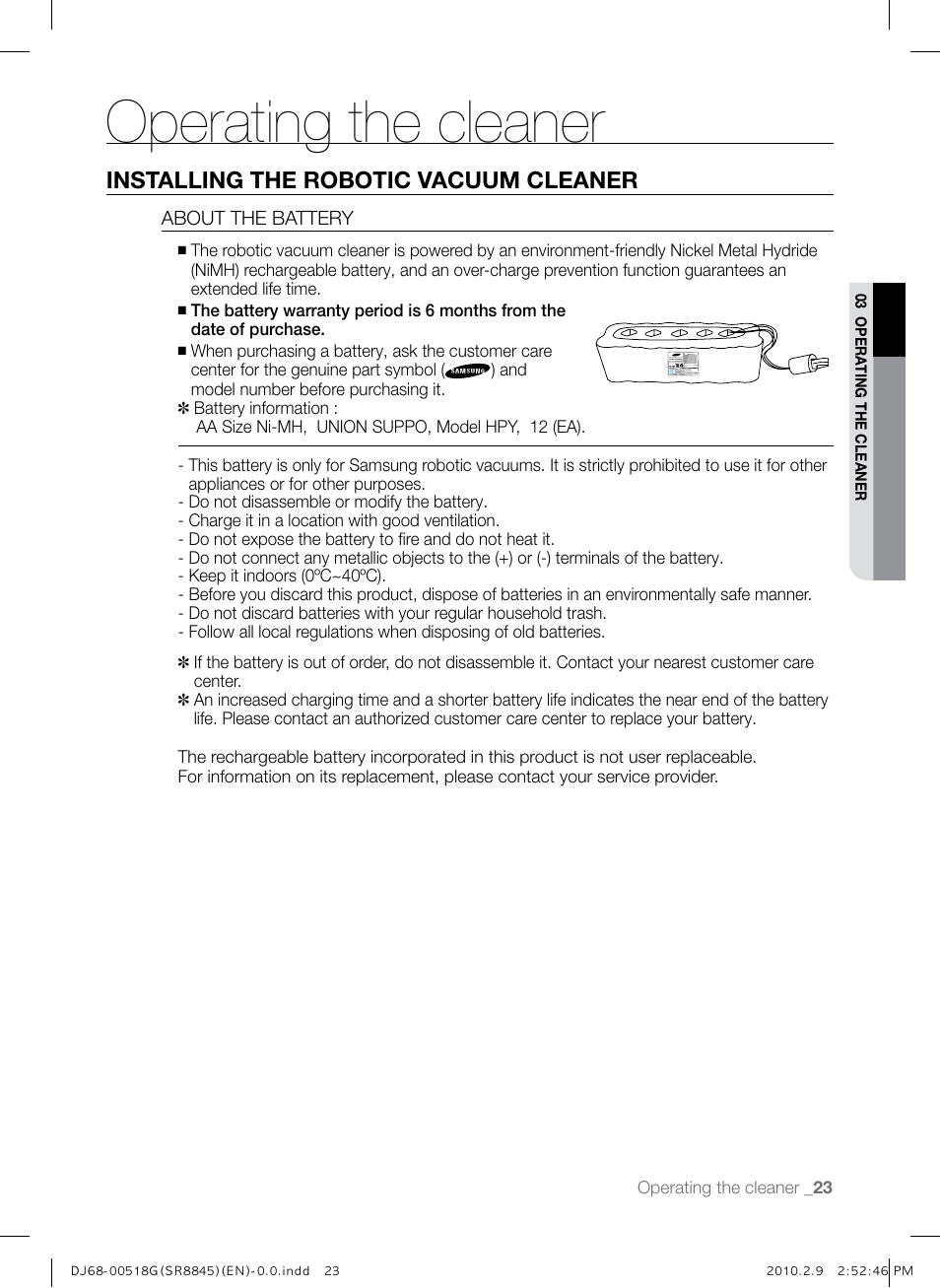 Operating the cleaner, Installing the robotic vacuum cleaner | Samsung SR8845 User Manual | Page 23 / 48