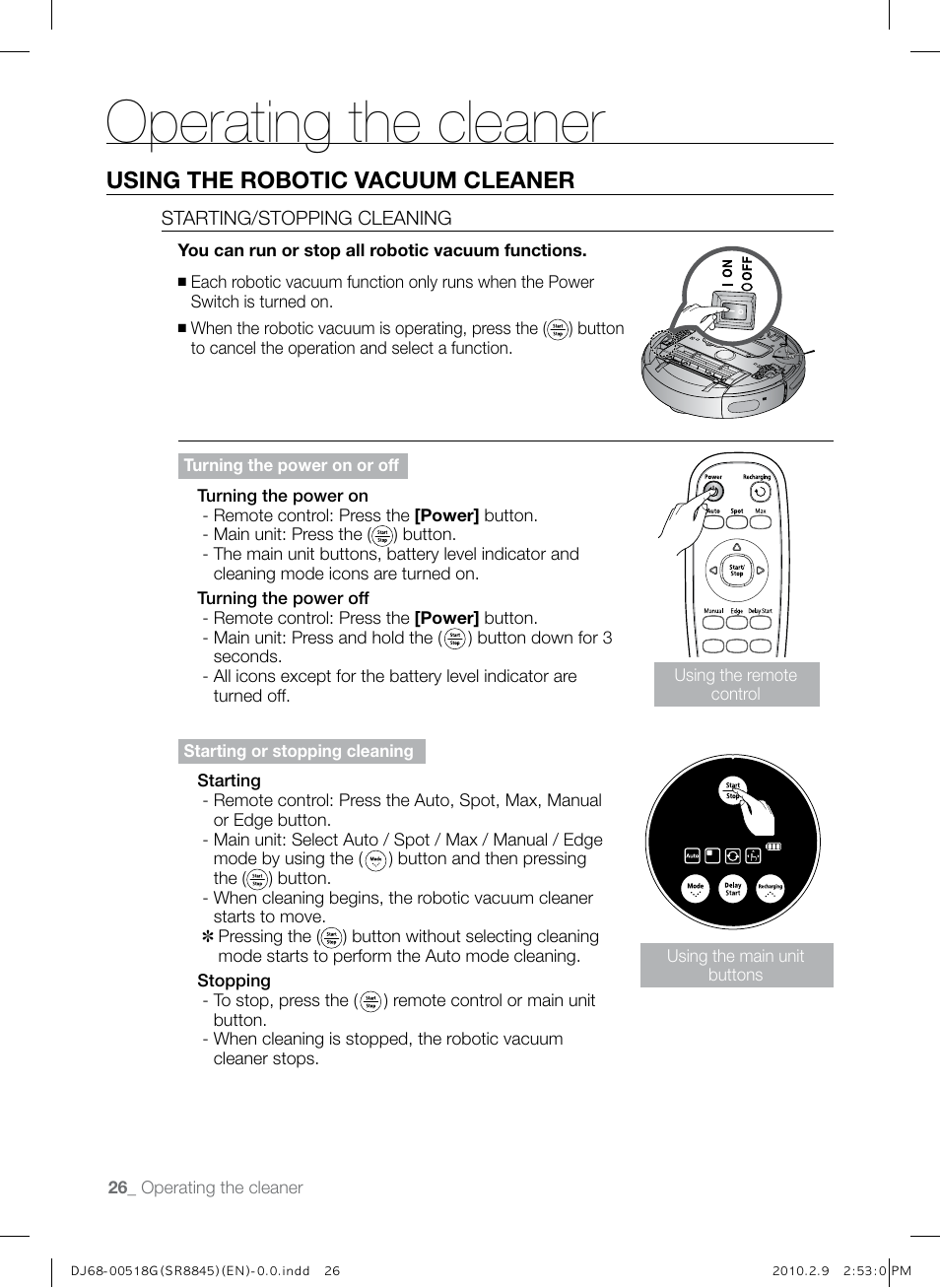 Operating the cleaner, Using the robotic vacuum cleaner | Samsung SR8845 User Manual | Page 26 / 48