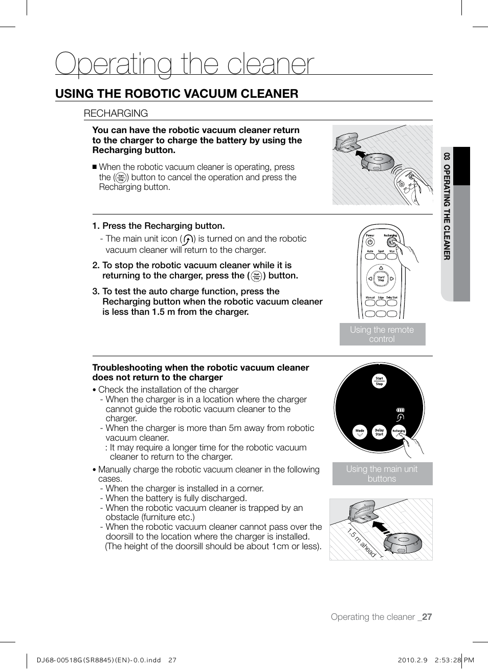 Operating the cleaner, Using the robotic vacuum cleaner | Samsung SR8845 User Manual | Page 27 / 48