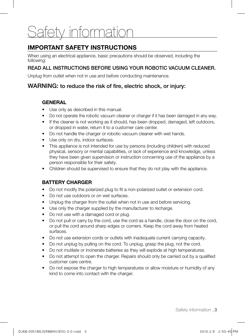 Safety information, Important safety instructions, Warning | Samsung SR8845 User Manual | Page 3 / 48