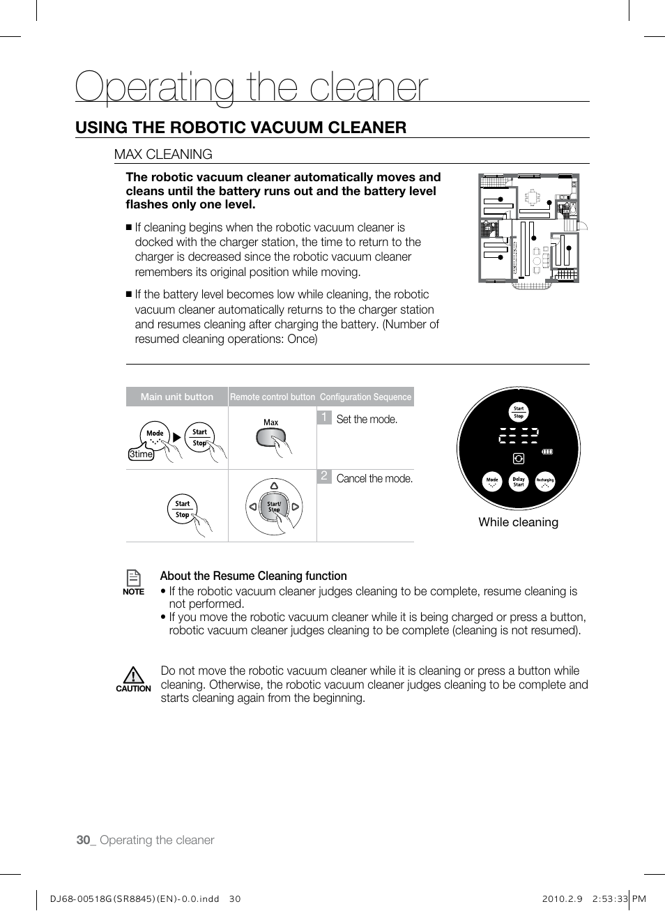 Operating the cleaner, Using the robotic vacuum cleaner | Samsung SR8845 User Manual | Page 30 / 48