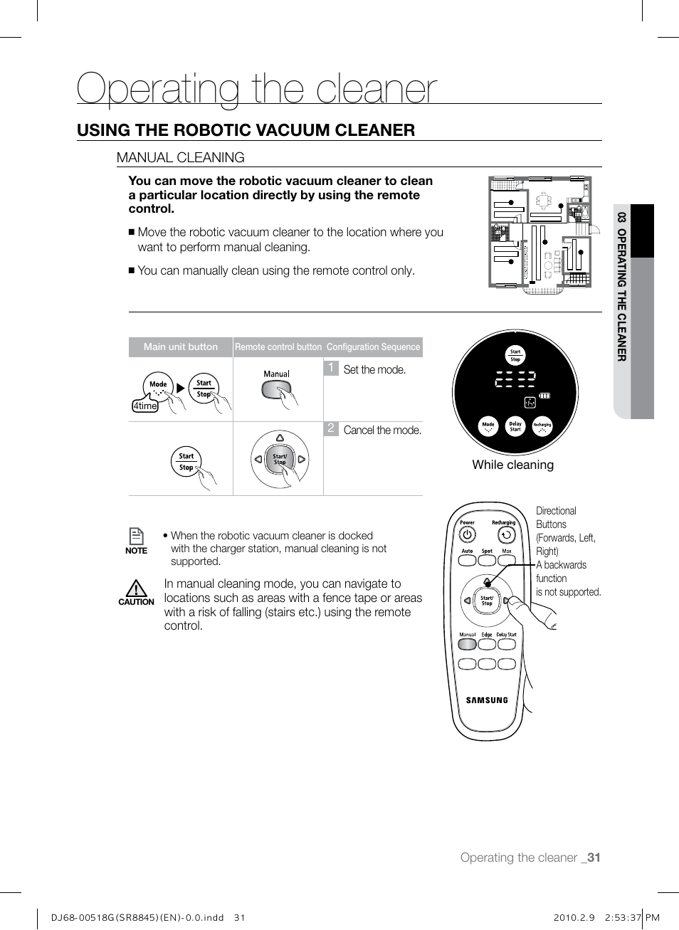 Operating the cleaner, Using the robotic vacuum cleaner | Samsung SR8845 User Manual | Page 31 / 48