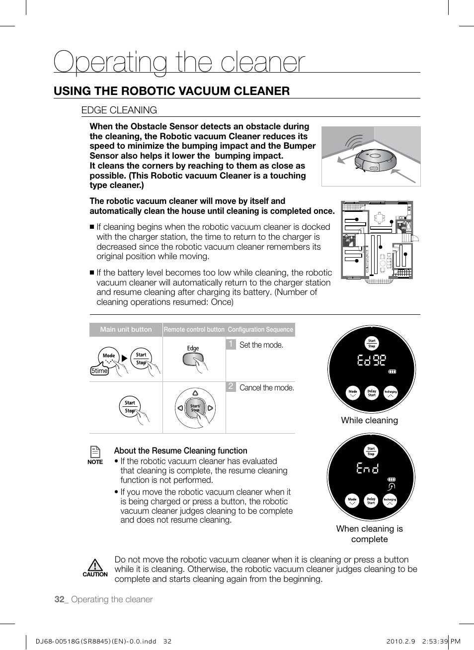 Operating the cleaner, Using the robotic vacuum cleaner, 32 페이지 추가 (번역은 28페이지 동일) | Samsung SR8845 User Manual | Page 32 / 48