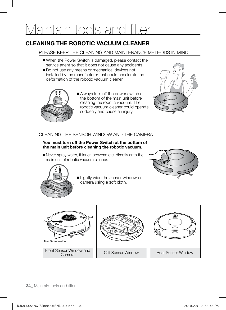 Maintain tools and filter, Cleaning the robotic vacuum cleaner | Samsung SR8845 User Manual | Page 34 / 48