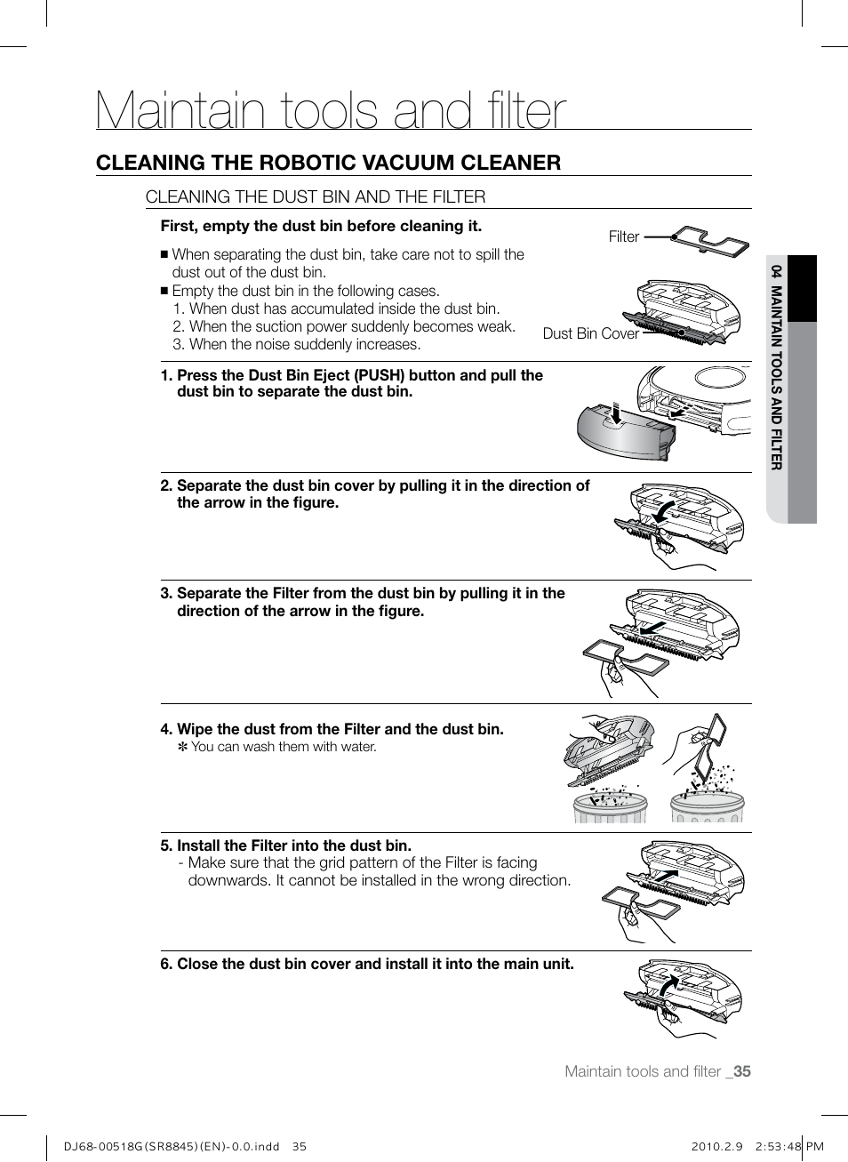 Maintain tools and filter, Cleaning the robotic vacuum cleaner | Samsung SR8845 User Manual | Page 35 / 48