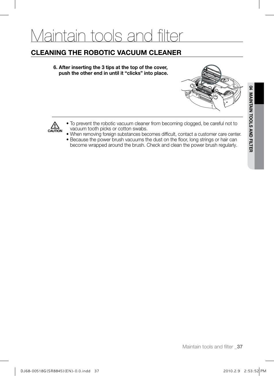 Maintain tools and filter, Cleaning the robotic vacuum cleaner | Samsung SR8845 User Manual | Page 37 / 48