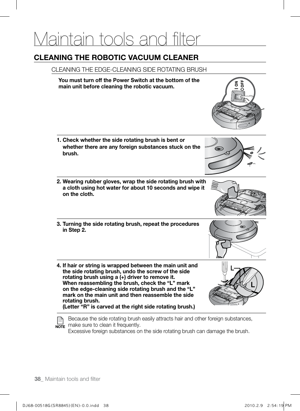 Maintain tools and filter, Cleaning the robotic vacuum cleaner | Samsung SR8845 User Manual | Page 38 / 48