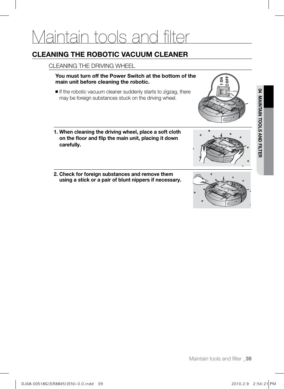 Maintain tools and filter, Cleaning the robotic vacuum cleaner | Samsung SR8845 User Manual | Page 39 / 48