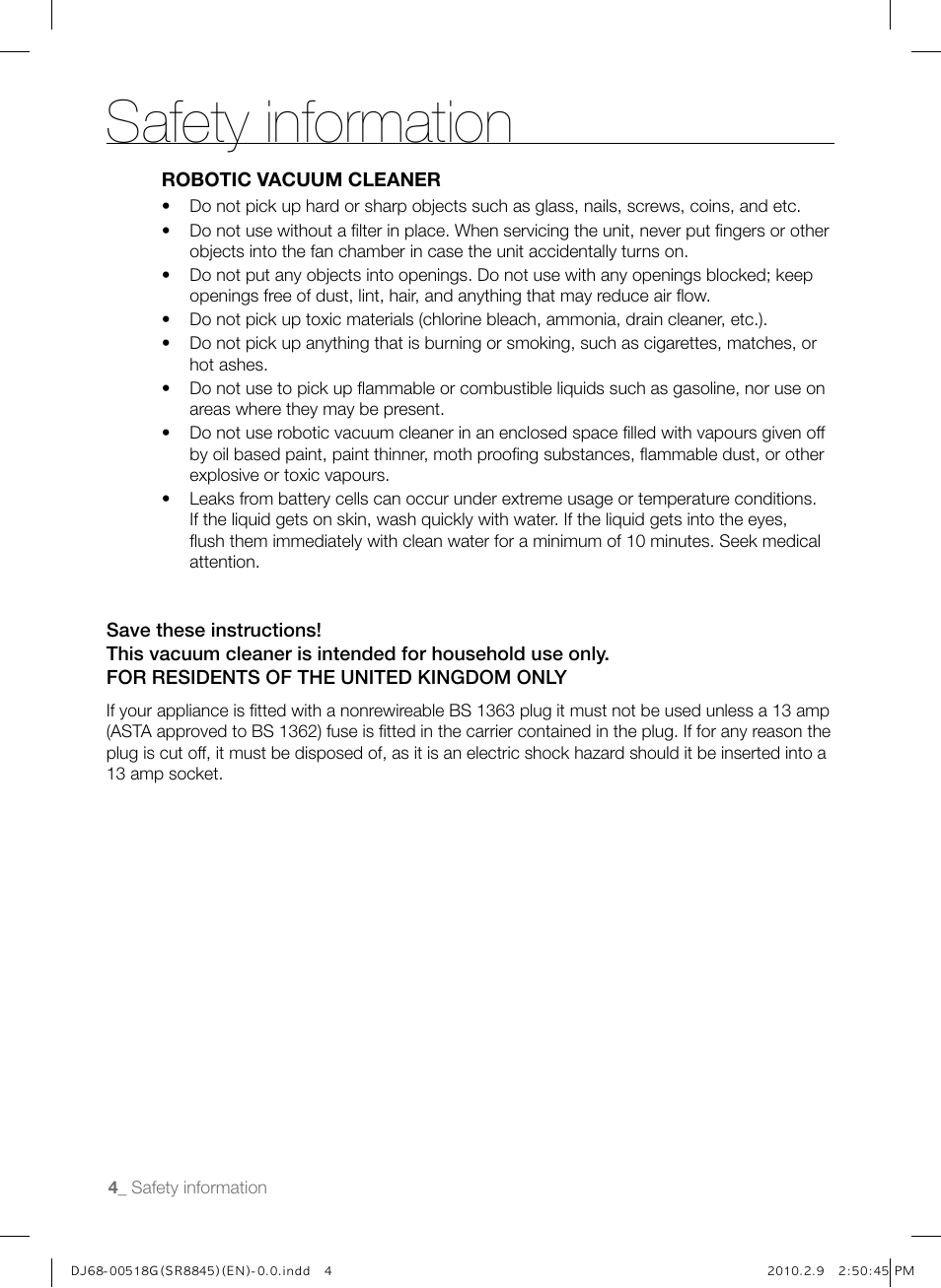 Safety information | Samsung SR8845 User Manual | Page 4 / 48