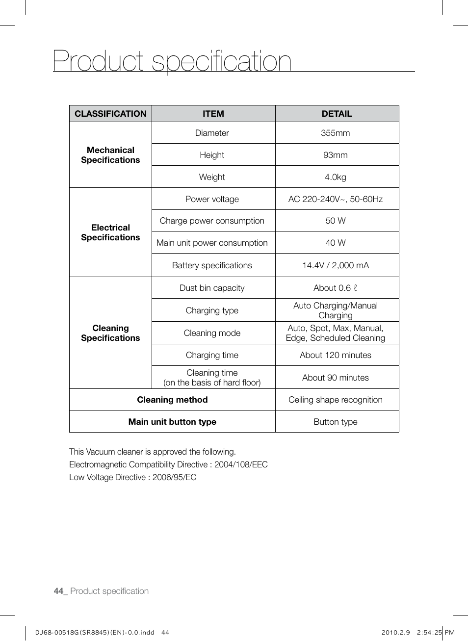 Product specification | Samsung SR8845 User Manual | Page 44 / 48