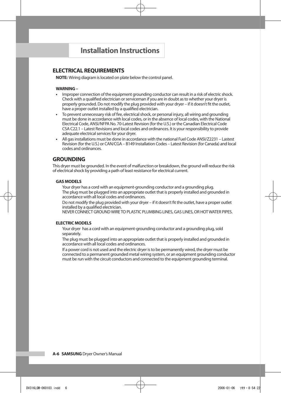 Installation instructions, Electrical requirements, Grounding | Samsung DV317AGS User Manual | Page 10 / 32