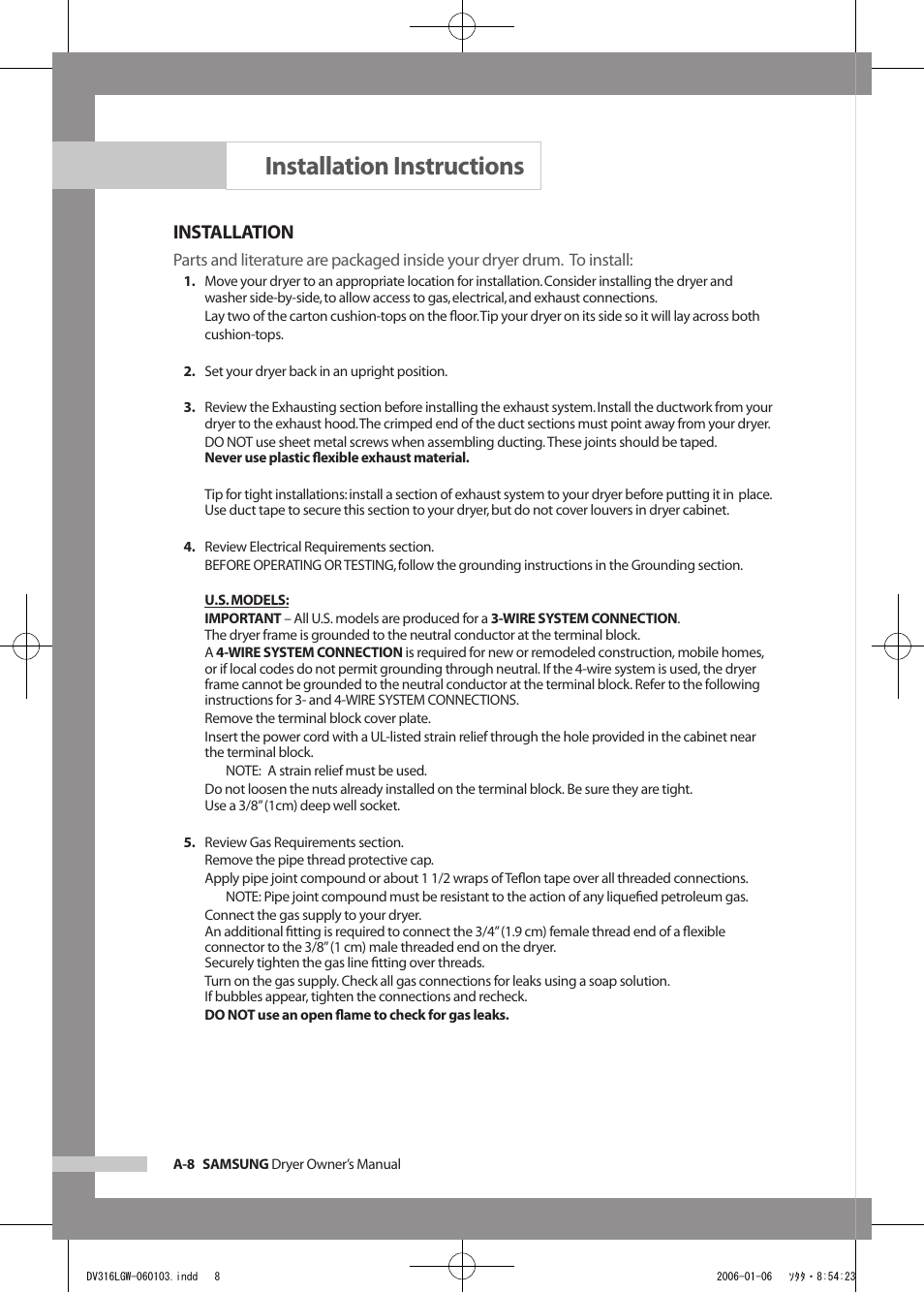 Installation instructions, Installation | Samsung DV317AGS User Manual | Page 12 / 32