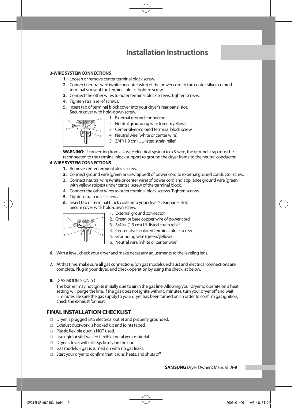 Installation instructions, Final installation checklist | Samsung DV317AGS User Manual | Page 13 / 32