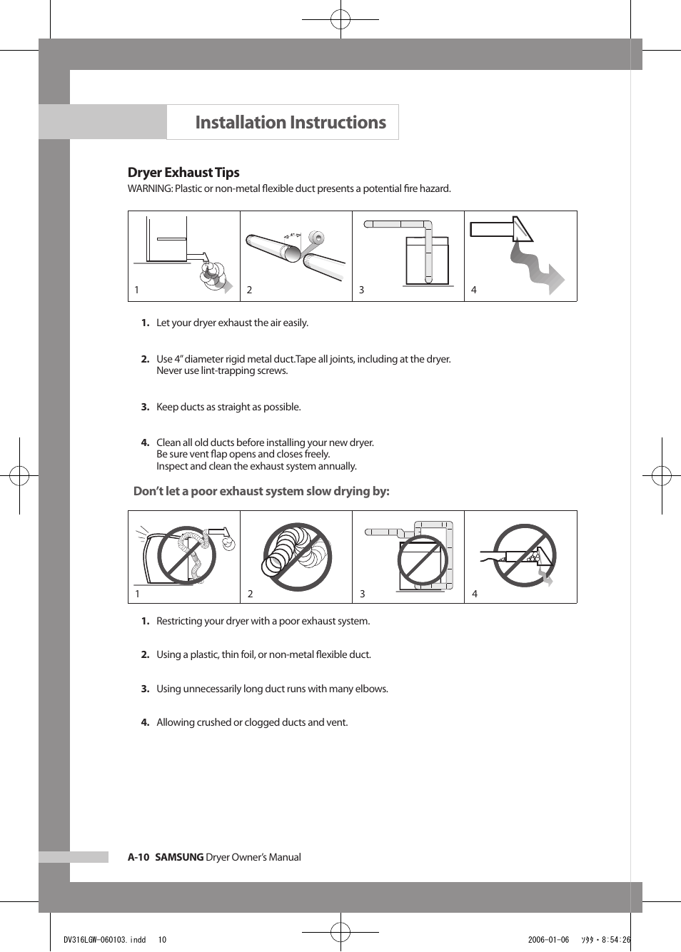Installation instructions, Dryer exhaust tips | Samsung DV317AGS User Manual | Page 14 / 32
