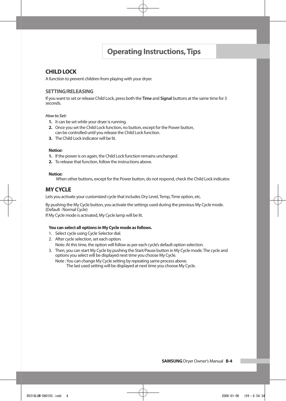 Operating instructions, tips, Child lock, My cycle | Samsung DV317AGS User Manual | Page 19 / 32