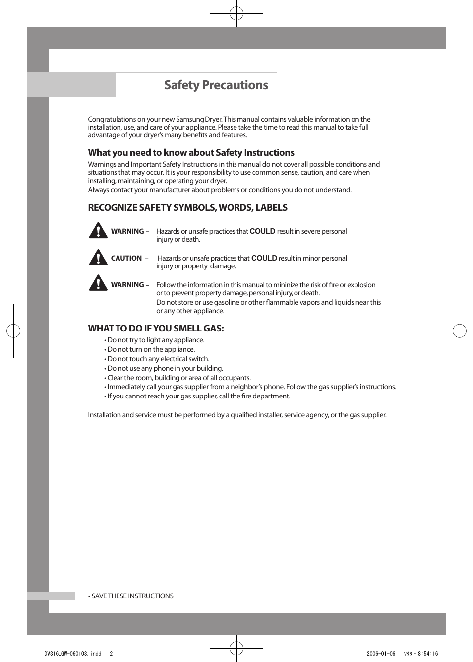Safety precautions, What you need to know about safety instructions, Recognize safety symbols, words, labels | What to do if you smell gas | Samsung DV317AGS User Manual | Page 2 / 32