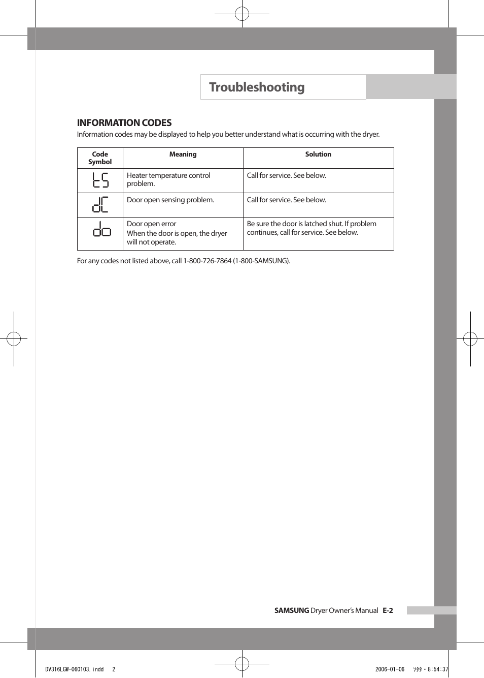 Troubleshooting, Information codes | Samsung DV317AGS User Manual | Page 25 / 32