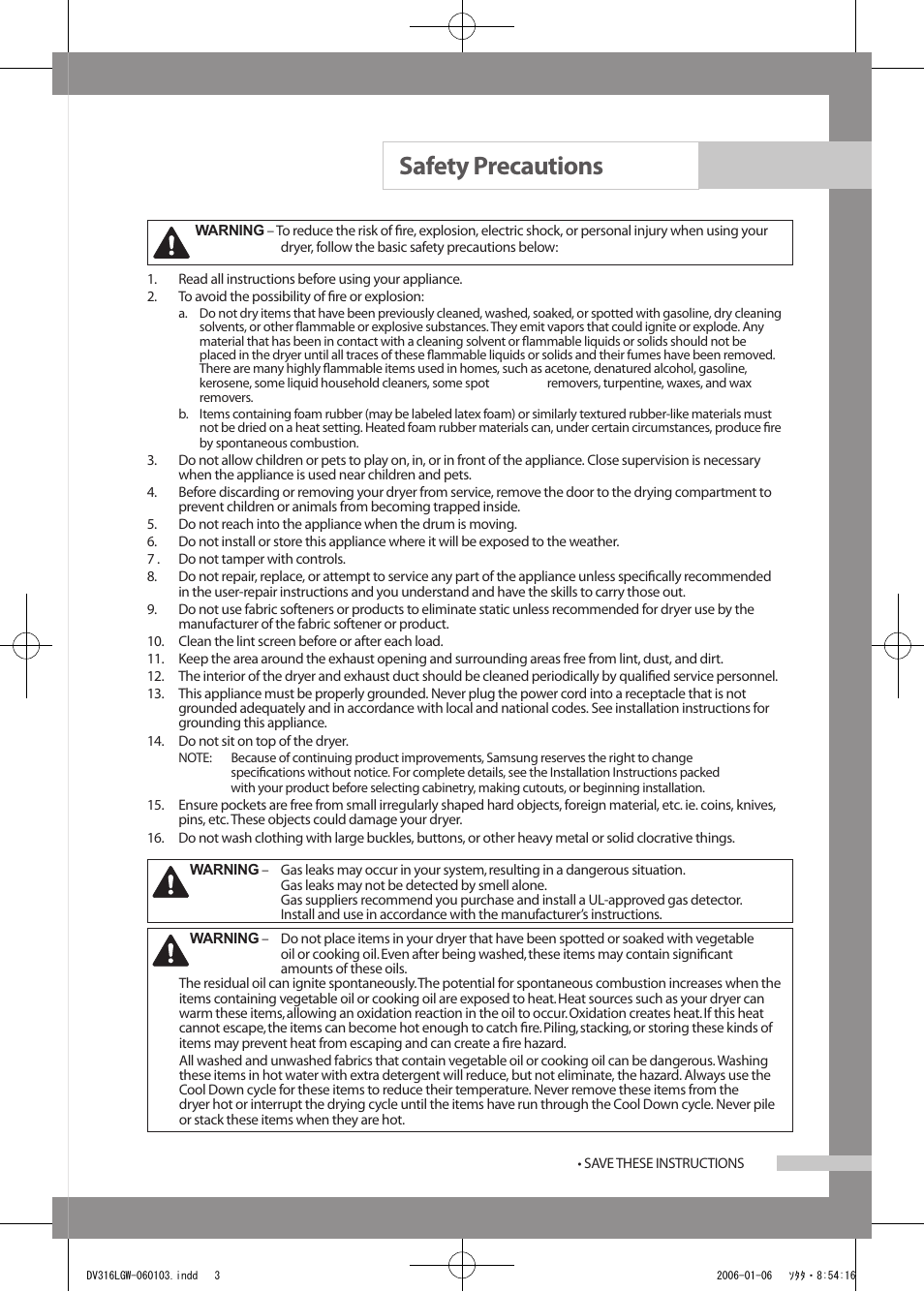 Safety precautions | Samsung DV317AGS User Manual | Page 3 / 32