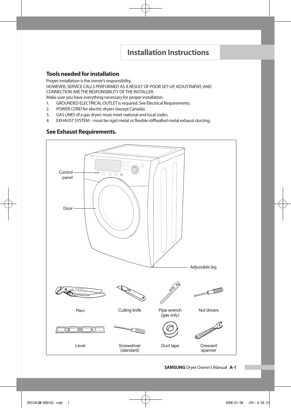Installation instructions, Tools needed for installation, See exhaust requirements | Samsung DV317AGS User Manual | Page 5 / 32