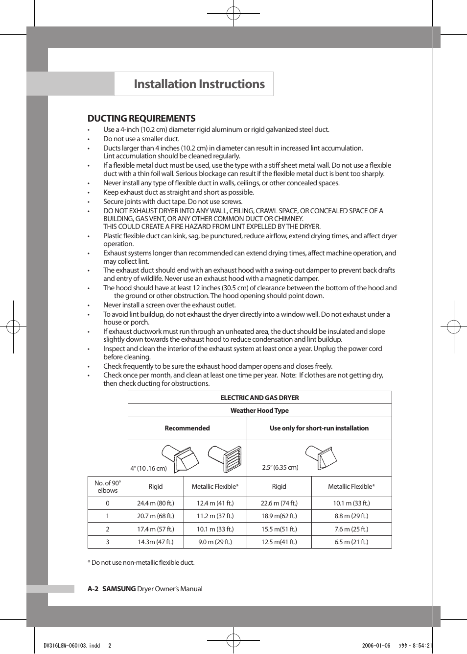 Installation instructions, Ducting requirements | Samsung DV317AGS User Manual | Page 6 / 32