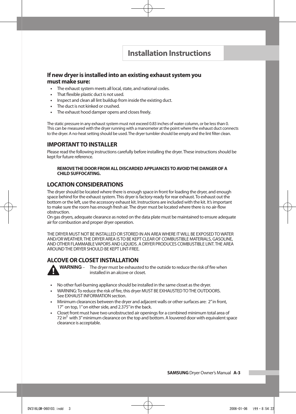 Installation instructions, Important to installer, Location considerations | Alcove or closet installation | Samsung DV317AGS User Manual | Page 7 / 32
