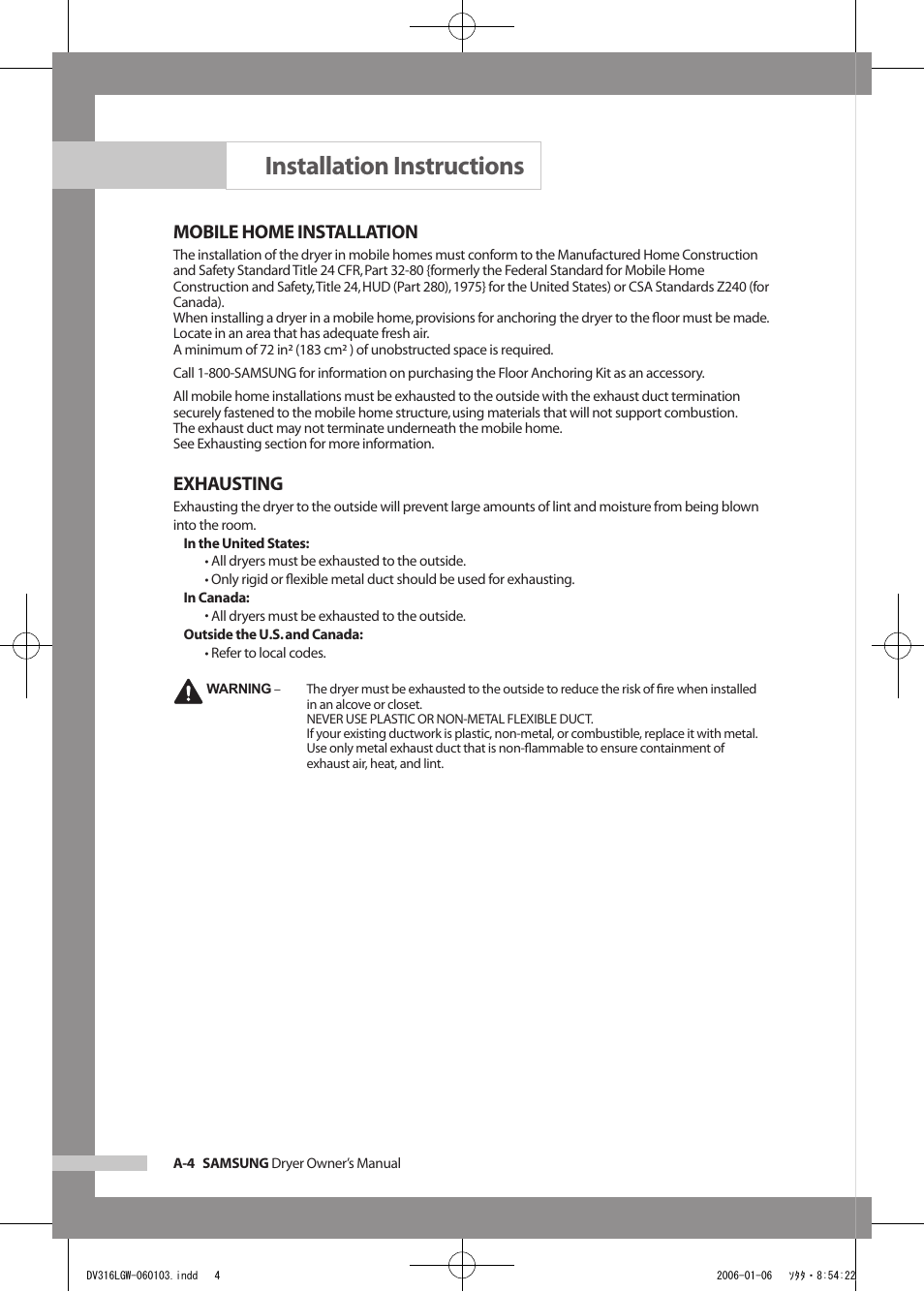 Installation instructions, Mobile home installation, Exhausting | Samsung DV317AGS User Manual | Page 8 / 32