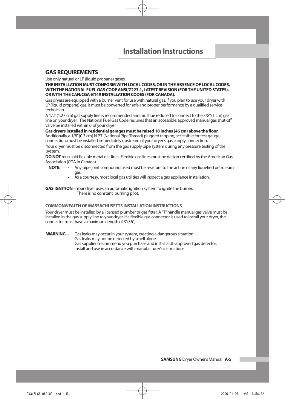 Installation instructions, Gas requirements | Samsung DV317AGS User Manual | Page 9 / 32