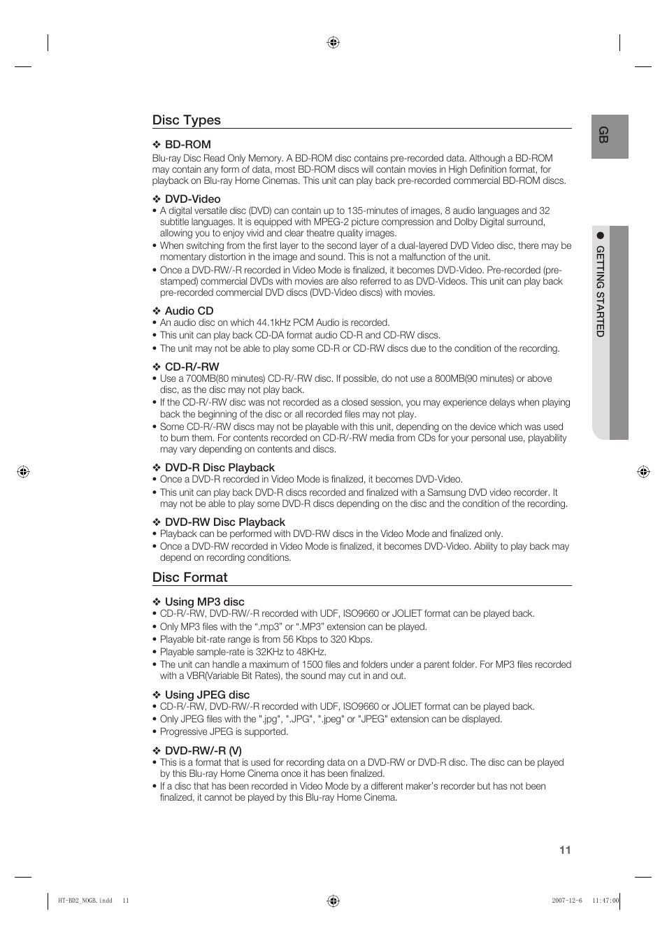 Disc types, Disc format | Samsung AH68-02019K User Manual | Page 12 / 71