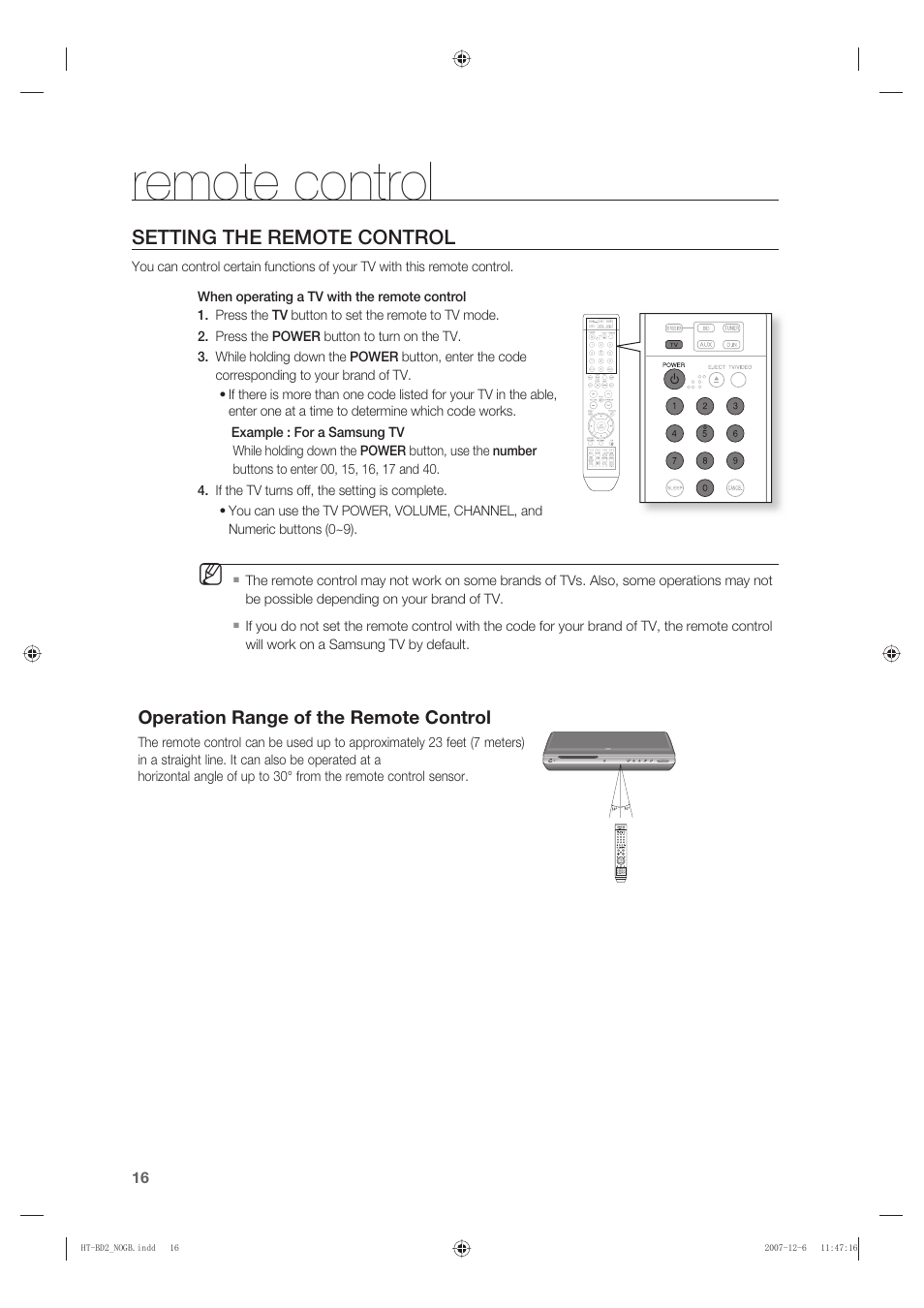 Setting the remote control, Operation range of the remote control, Remote control | Samsung AH68-02019K User Manual | Page 17 / 71