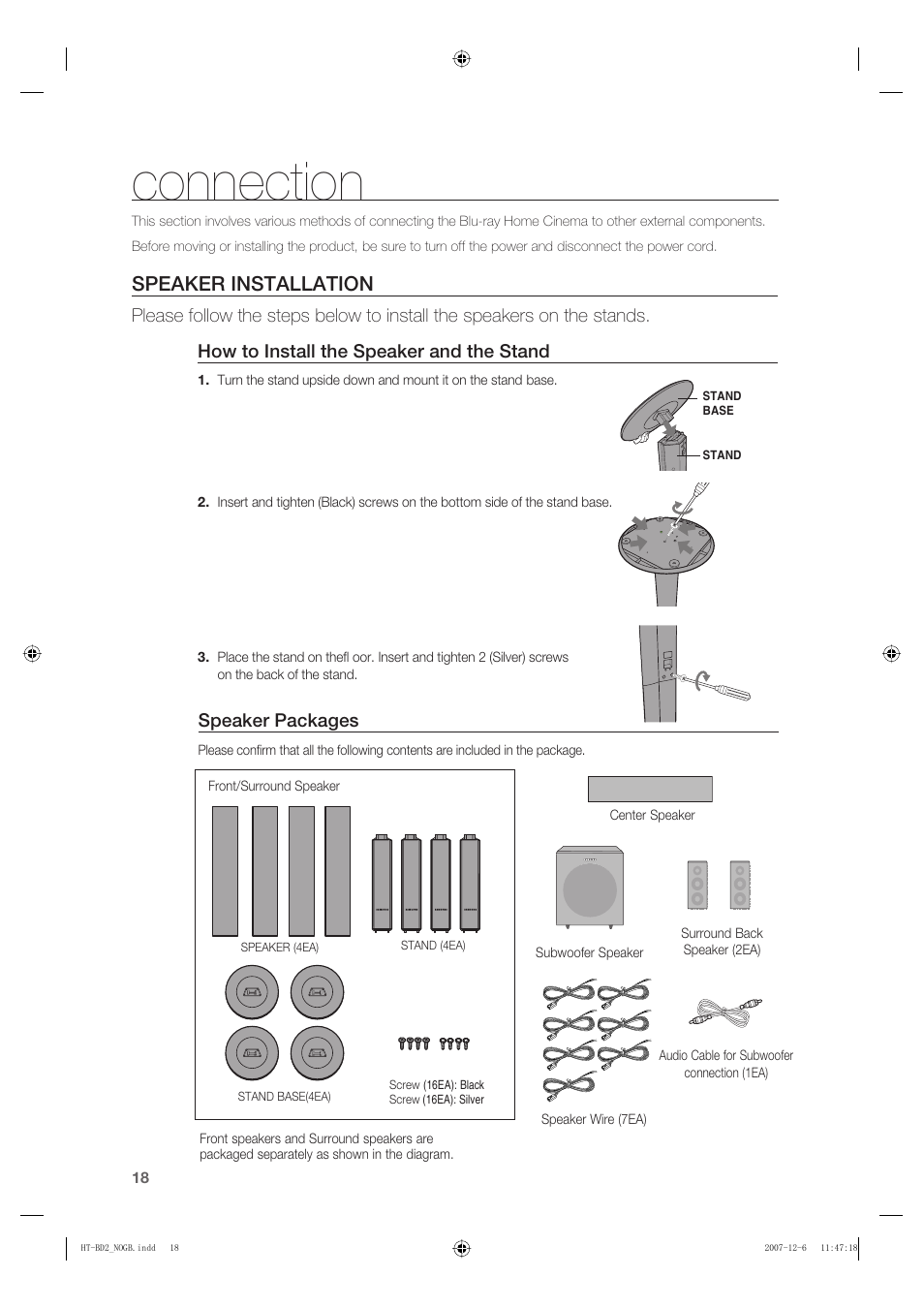 Connection, Speaker installation, Speaker packages | Samsung AH68-02019K User Manual | Page 19 / 71