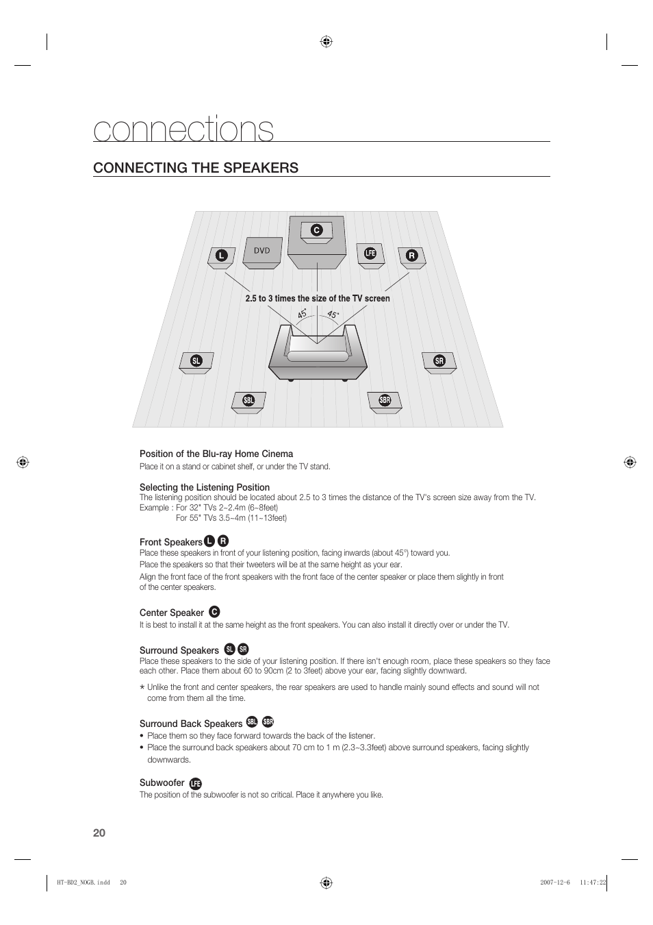 Connecting the speakers, Connections | Samsung AH68-02019K User Manual | Page 21 / 71