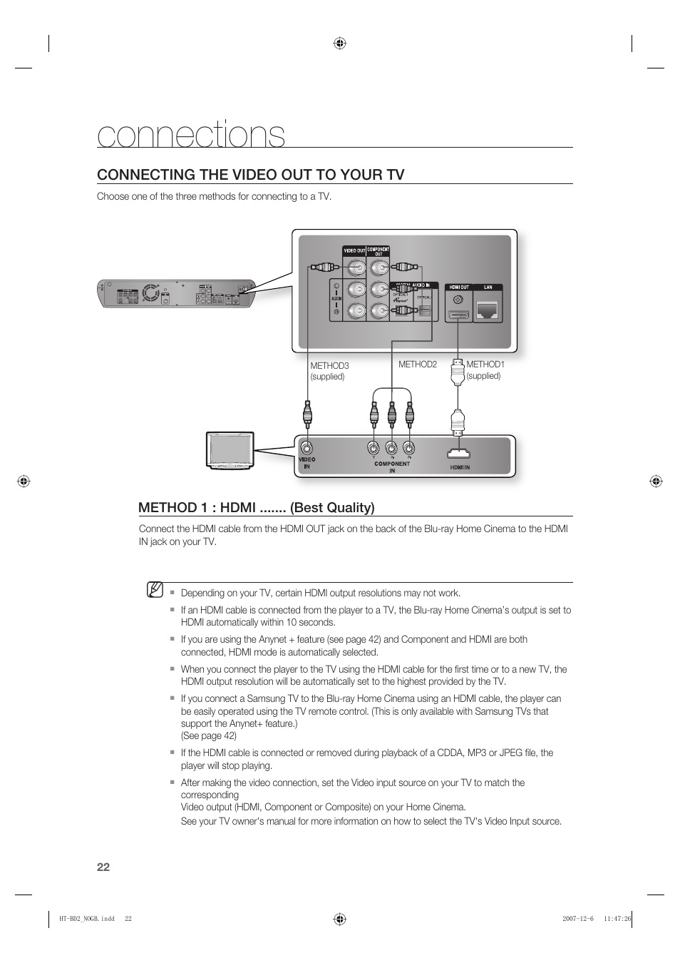 Connecting the video out to your tv, Connections | Samsung AH68-02019K User Manual | Page 23 / 71