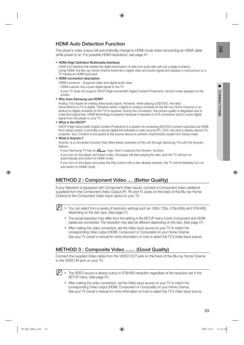 Hdmi auto detection function, Method 2 : component video .... (better quality), Method 3 : composite video ....... (good quality) | Samsung AH68-02019K User Manual | Page 24 / 71