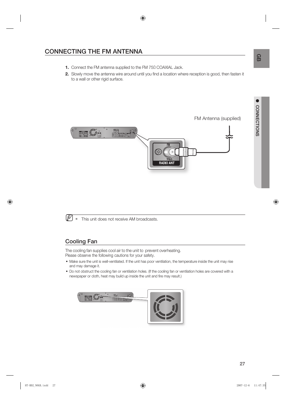 Connecting the fm antenna, Cooling fan | Samsung AH68-02019K User Manual | Page 28 / 71