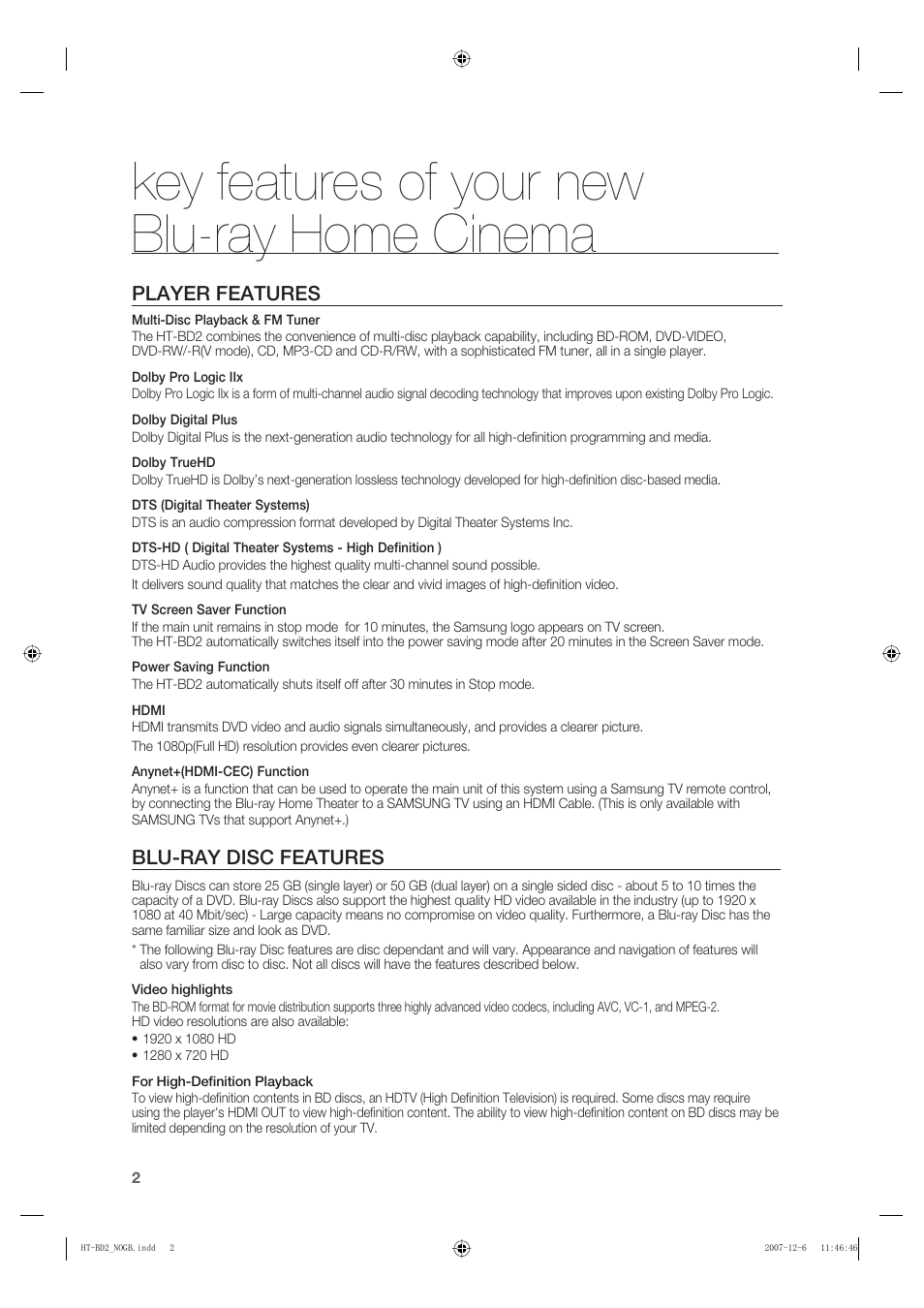 Key features of your newblu-ray home cinema, Key features of your new blu-ray home cinema, Player features | Blu-ray disc features | Samsung AH68-02019K User Manual | Page 3 / 71