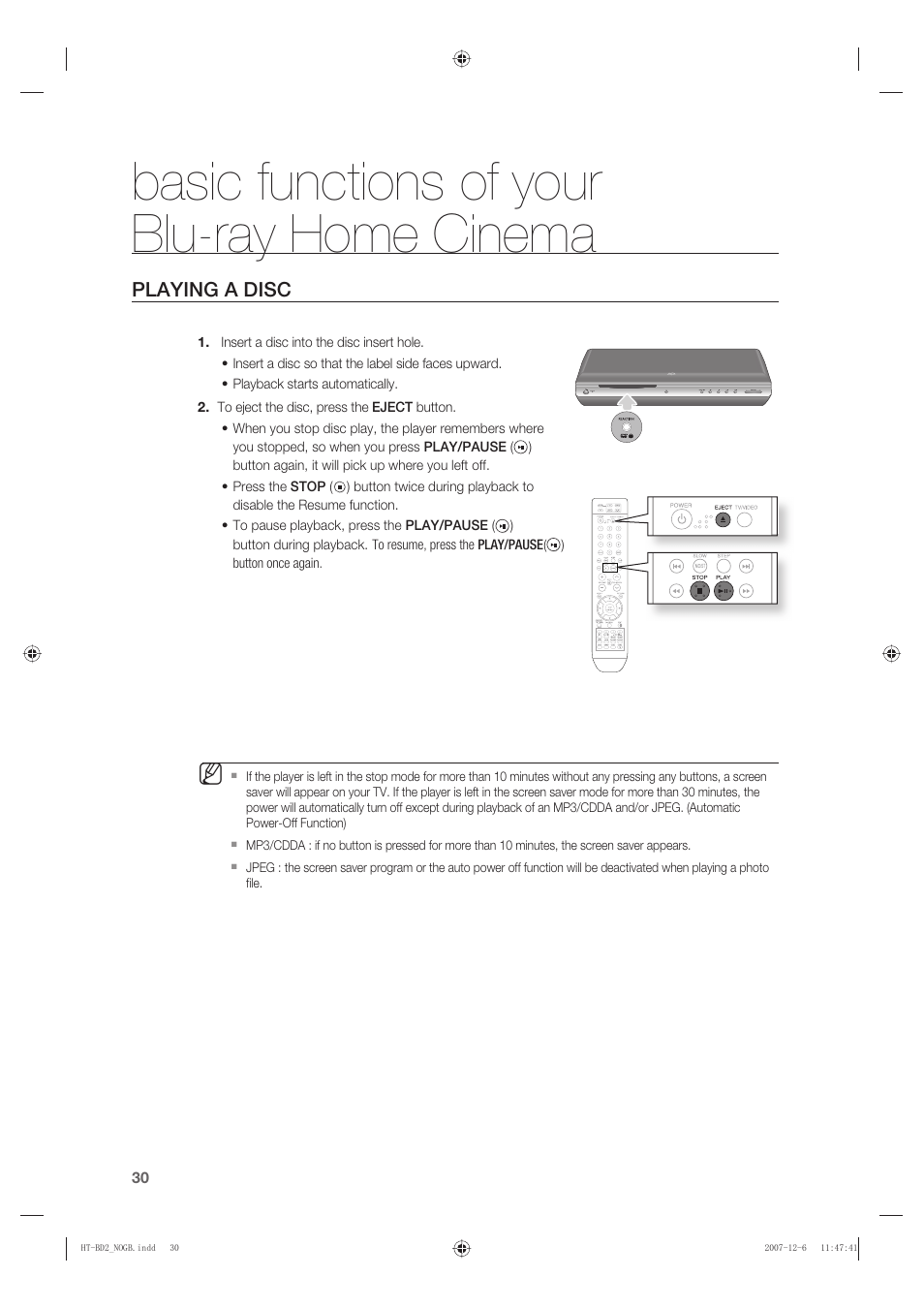 Basic functions of yourblu-ray home cinema, Playing a disc, Basic functions of your blu-ray home cinema | Samsung AH68-02019K User Manual | Page 31 / 71