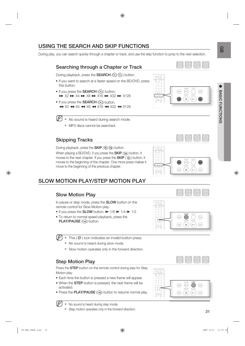 Using the search and skip functions, Slow motion play/step motion play, Hzcv | Samsung AH68-02019K User Manual | Page 32 / 71