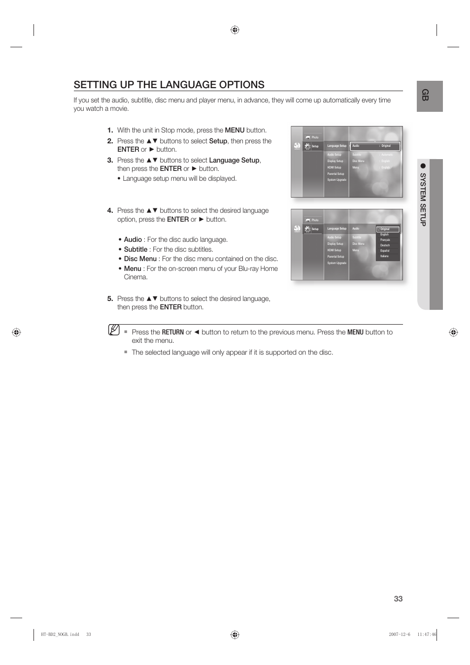 Setting up the language options, System setup | Samsung AH68-02019K User Manual | Page 34 / 71