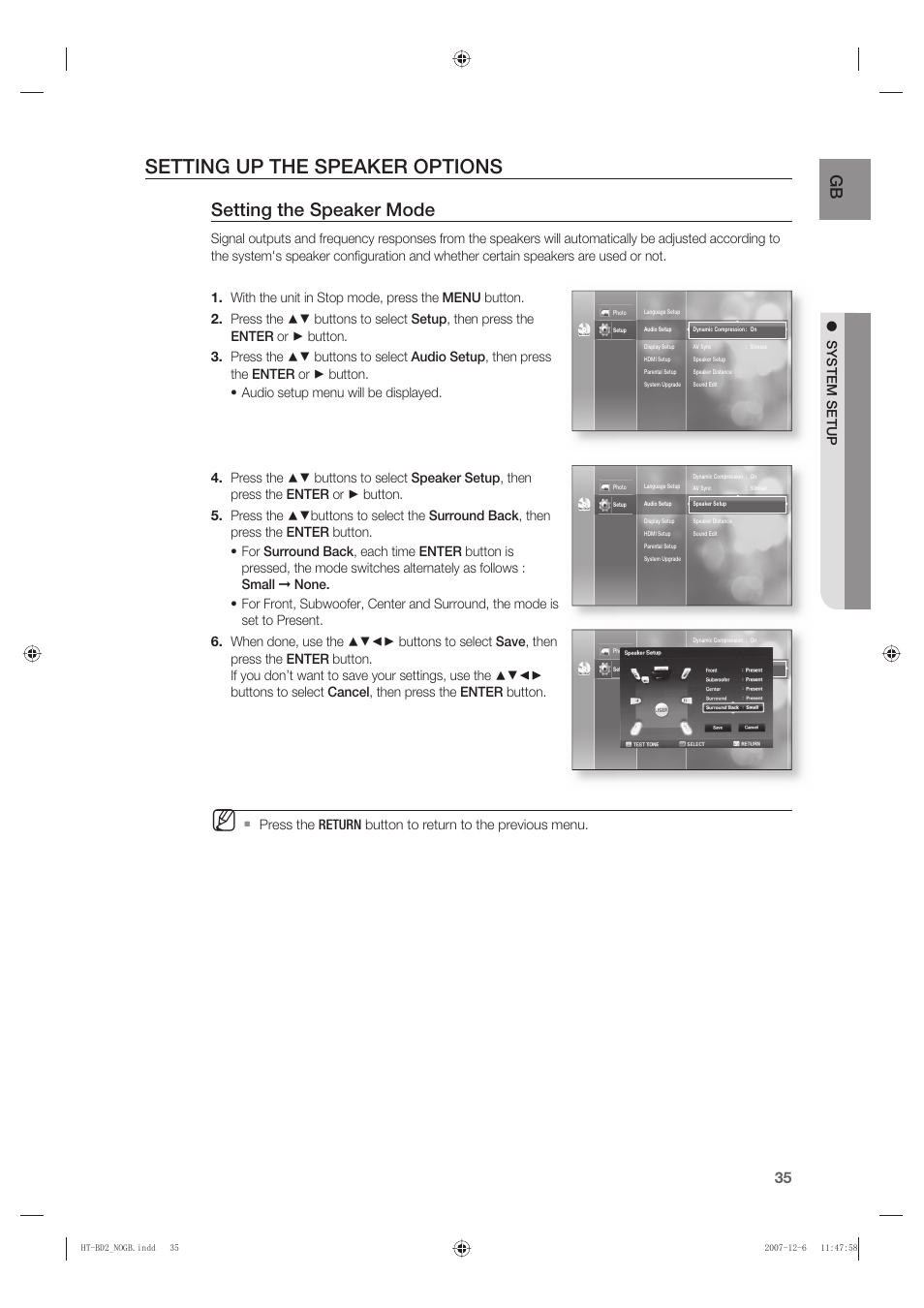 Setting up the speaker options, Setting the speaker mode, System setup | Samsung AH68-02019K User Manual | Page 36 / 71