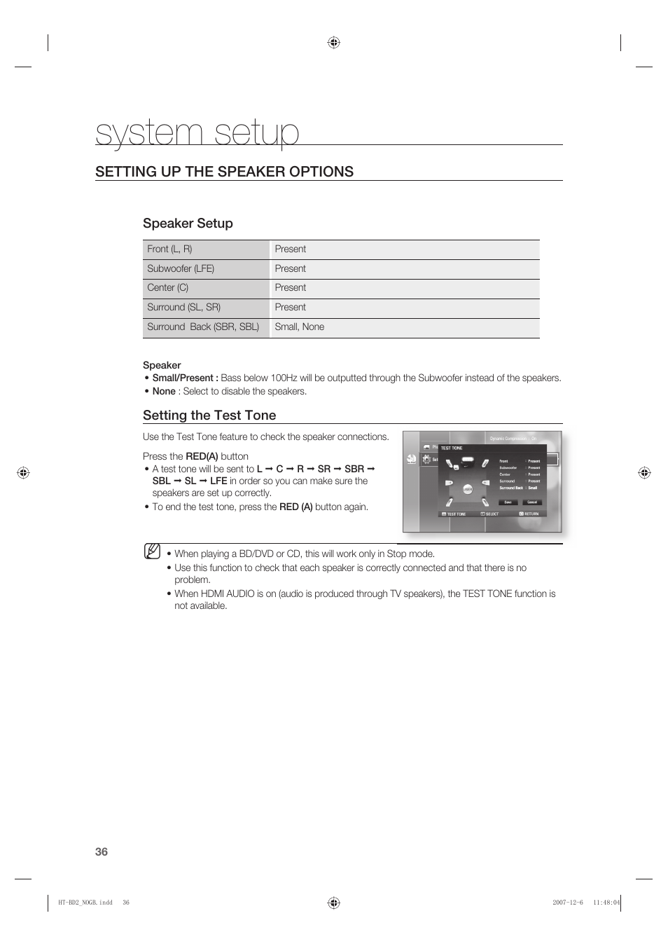 Setting up the speaker options, System setup, Speaker setup | Setting the test tone | Samsung AH68-02019K User Manual | Page 37 / 71