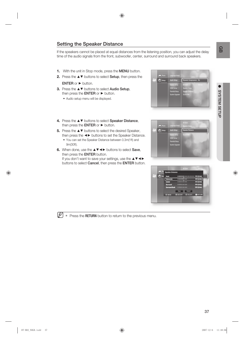 Setting the speaker distance, System setup | Samsung AH68-02019K User Manual | Page 38 / 71