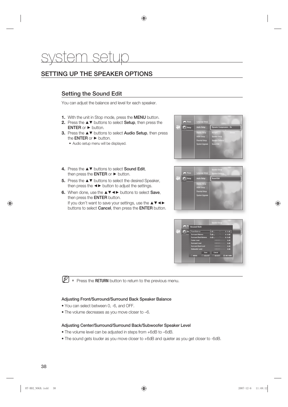 Setting up the speaker options, System setup, Setting the sound edit | Samsung AH68-02019K User Manual | Page 39 / 71