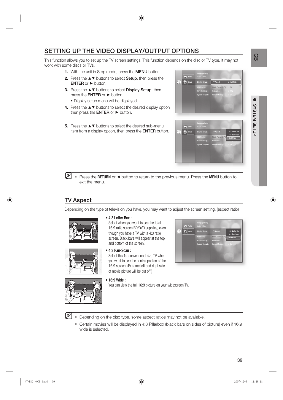 Setting up the video display/output options, Tv aspect, System setup | Samsung AH68-02019K User Manual | Page 40 / 71