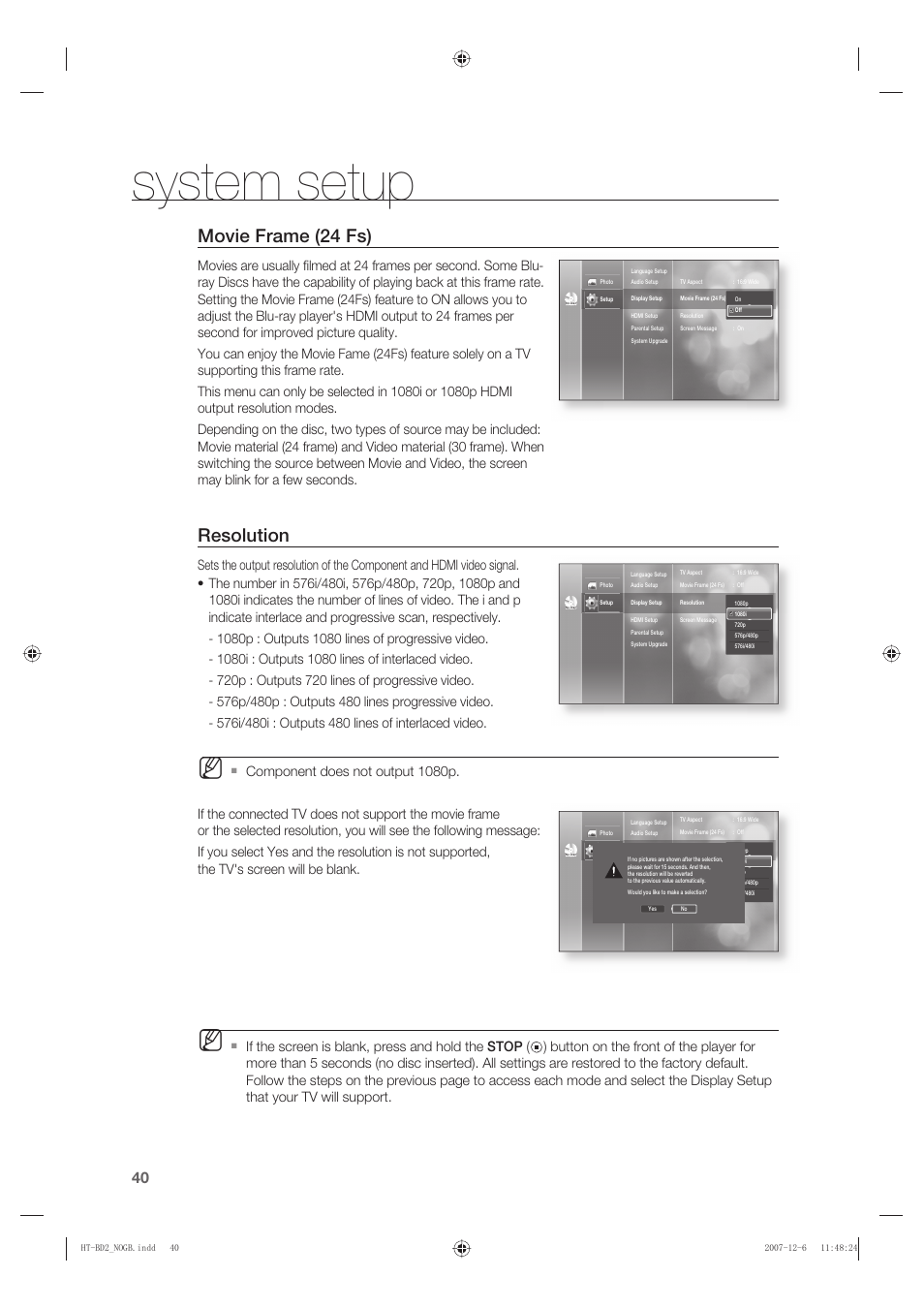 System setup, Movie frame (24 fs), Resolution | Samsung AH68-02019K User Manual | Page 41 / 71