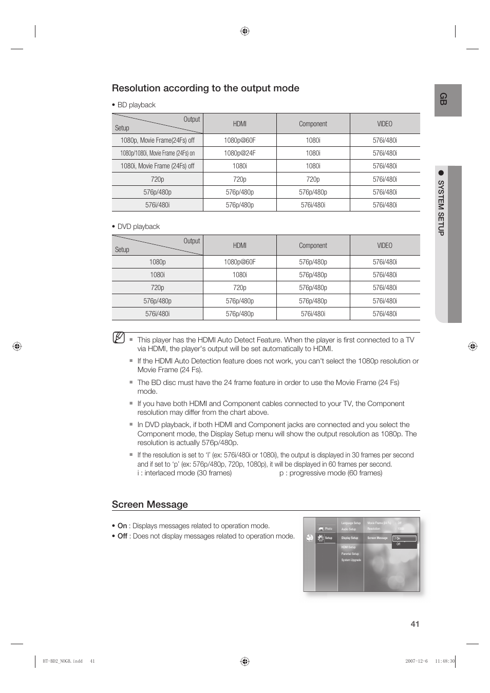 Resolution according to the output mode, Screen message | Samsung AH68-02019K User Manual | Page 42 / 71