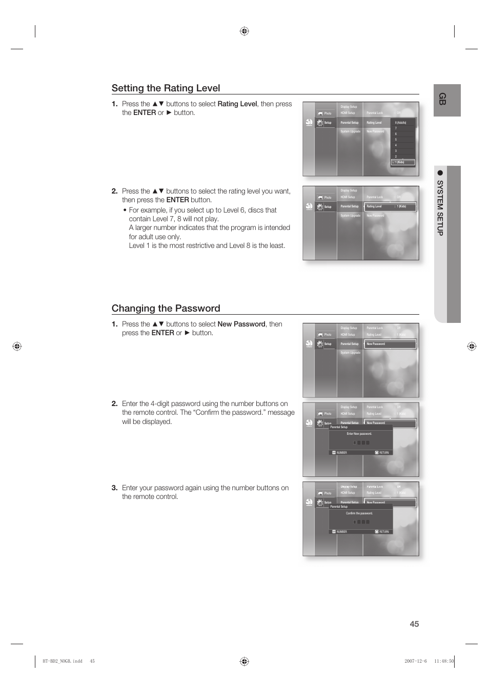 Setting the rating level, Changing the password, System setup | Samsung AH68-02019K User Manual | Page 46 / 71